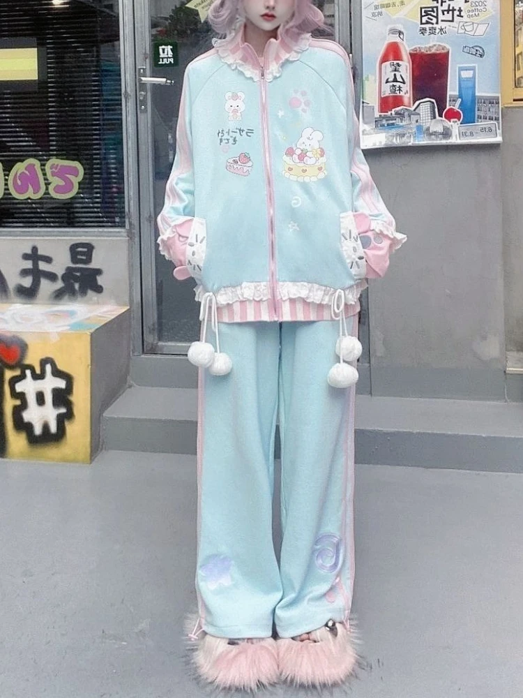 

2025 японская повседневная уличная одежда, модные толстовки с героями мультфильмов + широкие брюки, женские брюки в стиле Харадзюку, костюм Y2k, комплекты из двух предметов