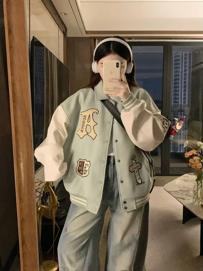 

Loose Fit Women's Baseball Jaet Street Sle High School Windbreaker Embroidered Spor Contrast Color Outerwear Coat