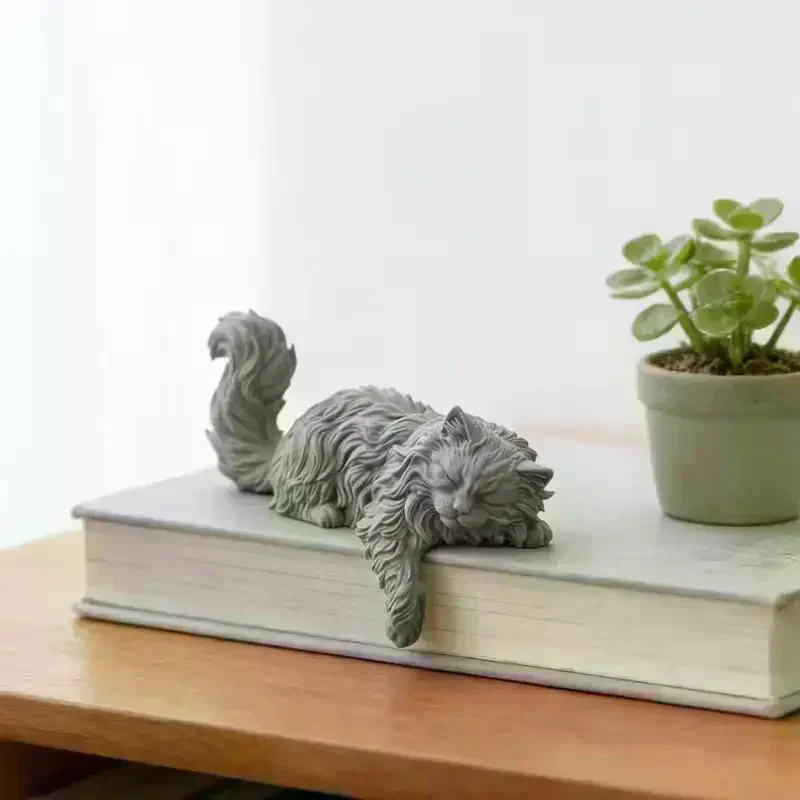 Cute Long Hair Sleeping Cat Figurine 3D Printed Mini Pet Monitor Hanging Desk Ornament Home Office Gift