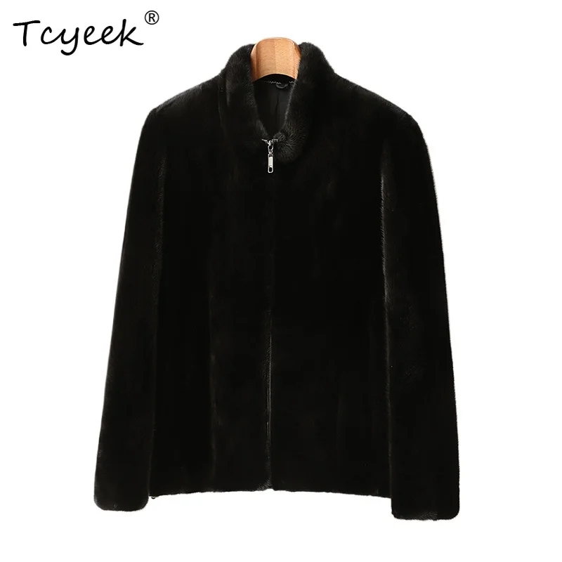 Luksusowy płaszcz męski z naturalnego futra norek Tcyeek, zimowe ubrania męskie, ciepłe kurtki z prawdziwego futra, nowości w kategorii płaszczy, stójka, куртка мужская