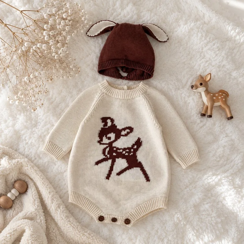 Newborn Baby Deer Knitted Romper Bunny Ear Hat Set Unisex Infant Long Sleeve Jumpsuit Autumn Winter Baby Outfit Clothes