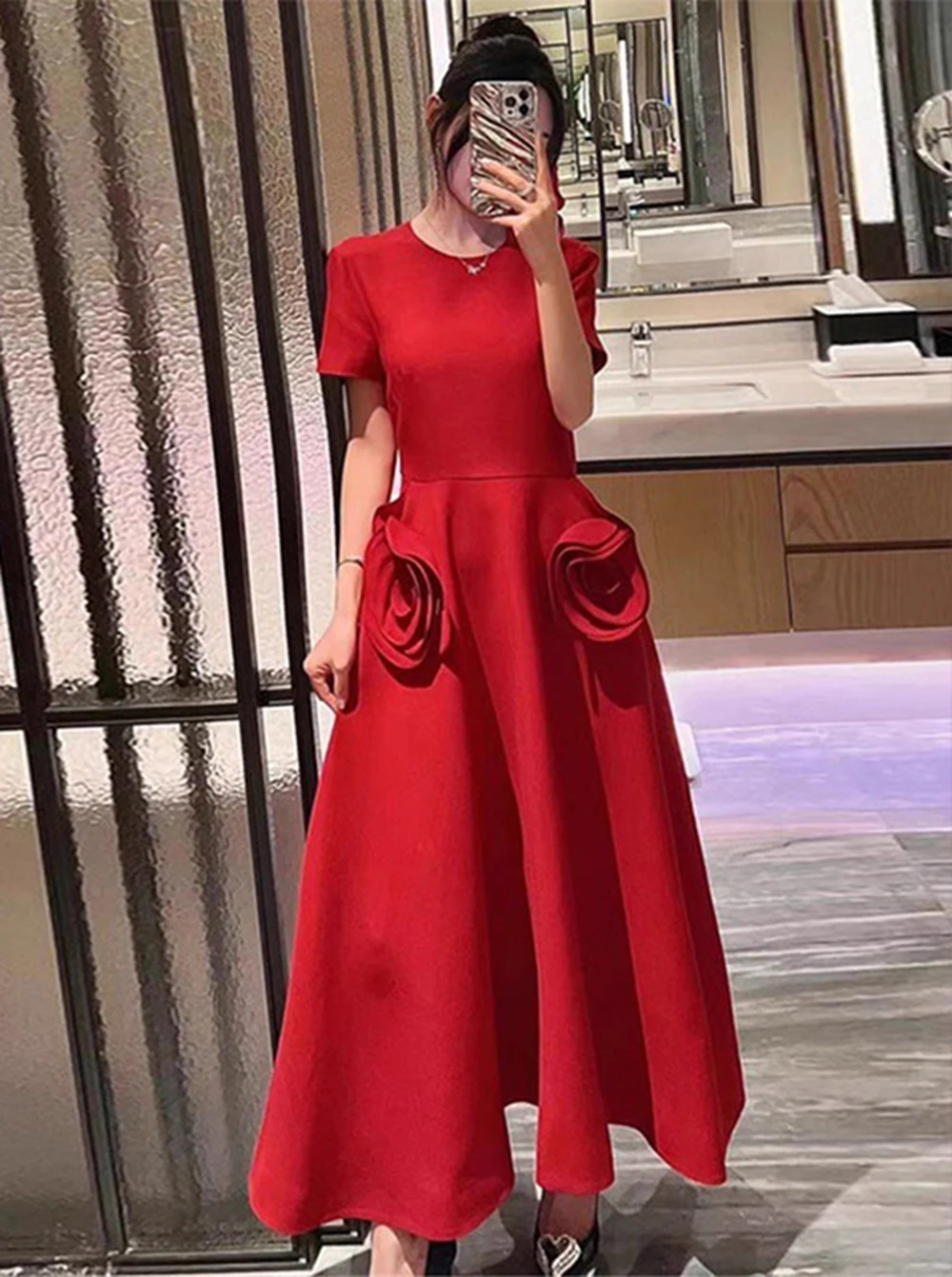 

Elegant long skirt brand customized summer round neck three-dimensional flower solid color elegant women's clothing-GZINS012