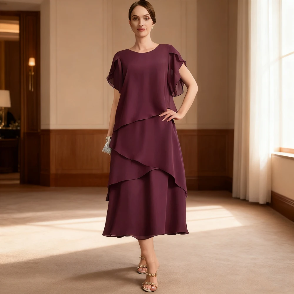 

Exquisite Burgundy Mother of Bride Dresses for Women Beach Jersey Short Sleeve Wedding Party Dresses with Ruffles Robe De Soirée