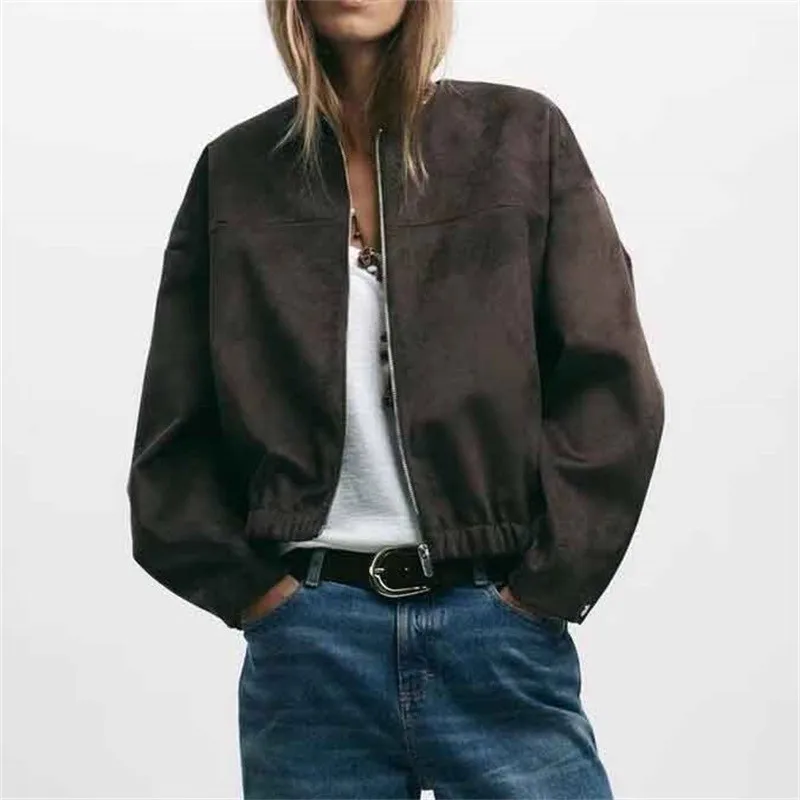 

Women's Suede Jacket Autumn Winter Loose Fit Long Sleeve Zipper Top Chic Bomber Coat Luxury Casual Streetwear Fashion 2026