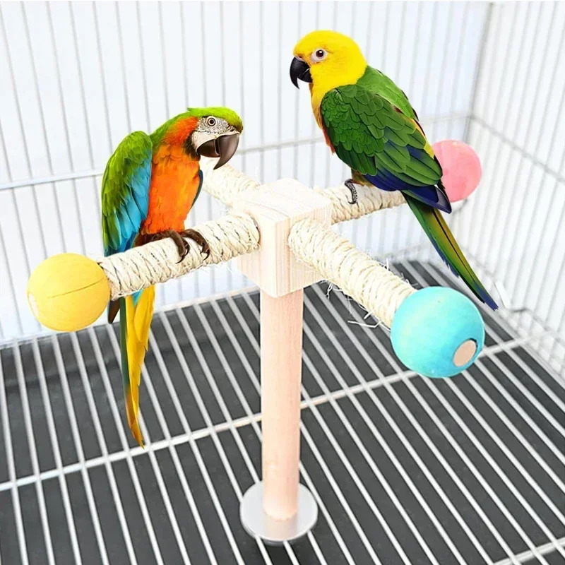 Bird Toys Parrot Interactive Playtime Stand Wooden Swing & Chew Toy Rotating Windmill Design Platform For Birds Play Exercise