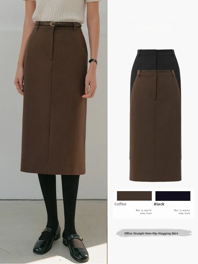 

Commute Woolen Wrap around Skirt mid Length Straight Cut Profional Looking Office Skirts for Women Autumn Winter New Arrival