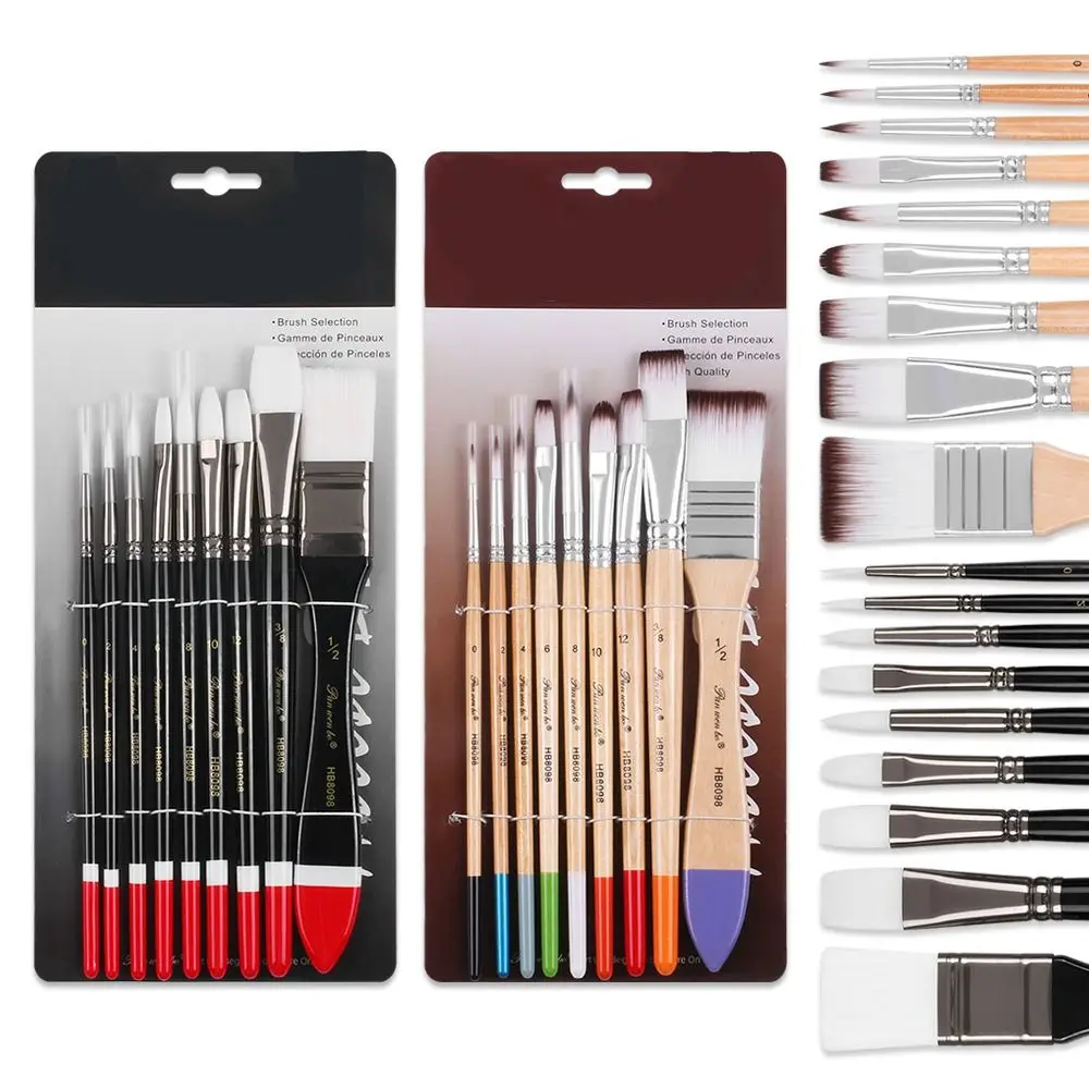 9Pcs/Set Multifunctional Nylon Hair Paintbrush Set Wooden Handle Soft Bristled Art Paint Brushes Different Shape Lightweight