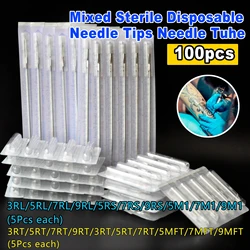 50 disposable tattoo needle tips: mixed 3RL, 5RL, 7RL, 9RL, 3RS, 5RS, 7RS, 9RS, 5M1, 7M1 round needle tips, spray tattoo needle