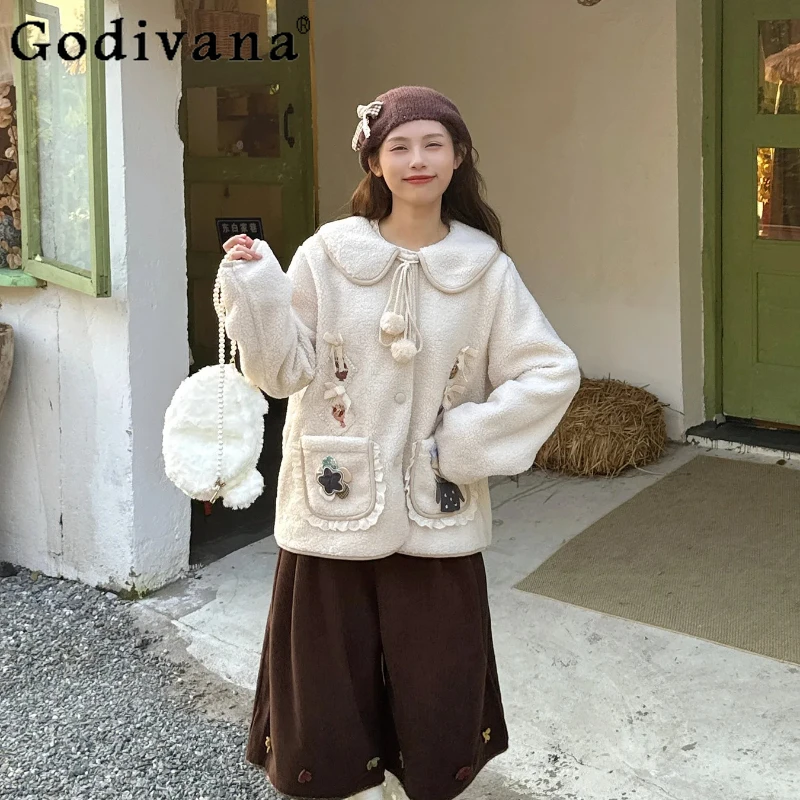 

Mori Girls Sweet Lolita Faux Fur Jacket Autumn Winter New 2025 Japanese Girls Cute Embroidered Patch Doll Collar Short Coats