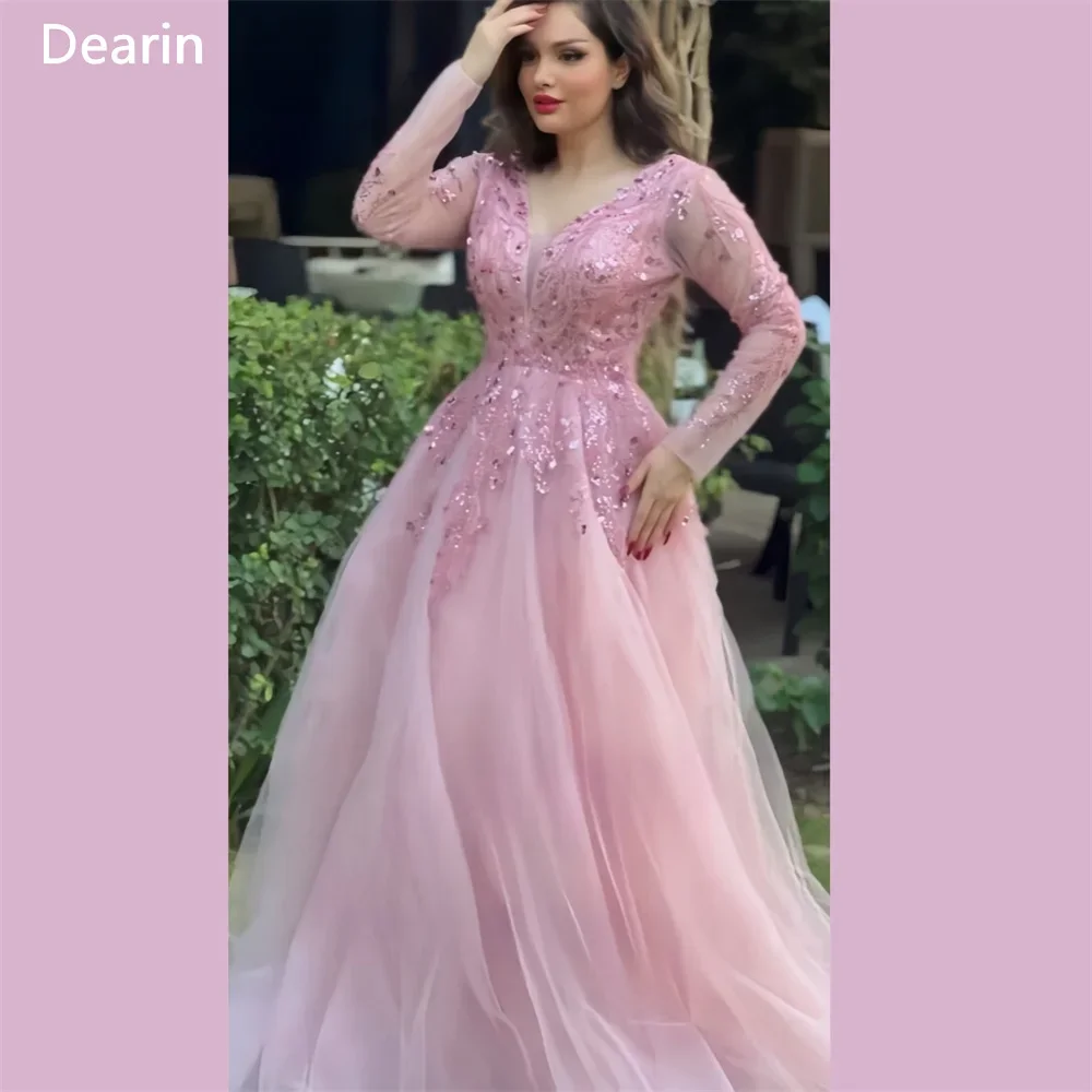 

Formal Gown Evening Women Dearin V-neck A-line Floor Length Skirts Draped Sequin Tulle Layered Bespoke Occasion Dresses Prom Dre