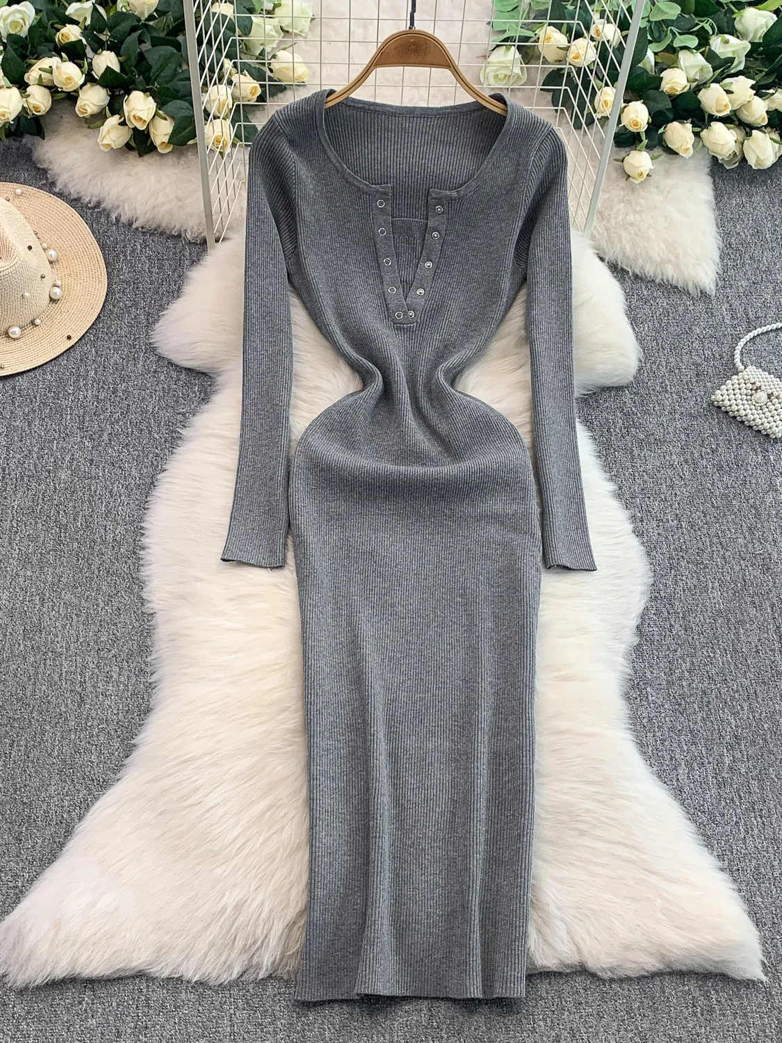 

Эластичная вязаная юбка-миди с V-образным вырезом и завышенной талией для женщин, корейский стиль, для офиса и повседневной носки