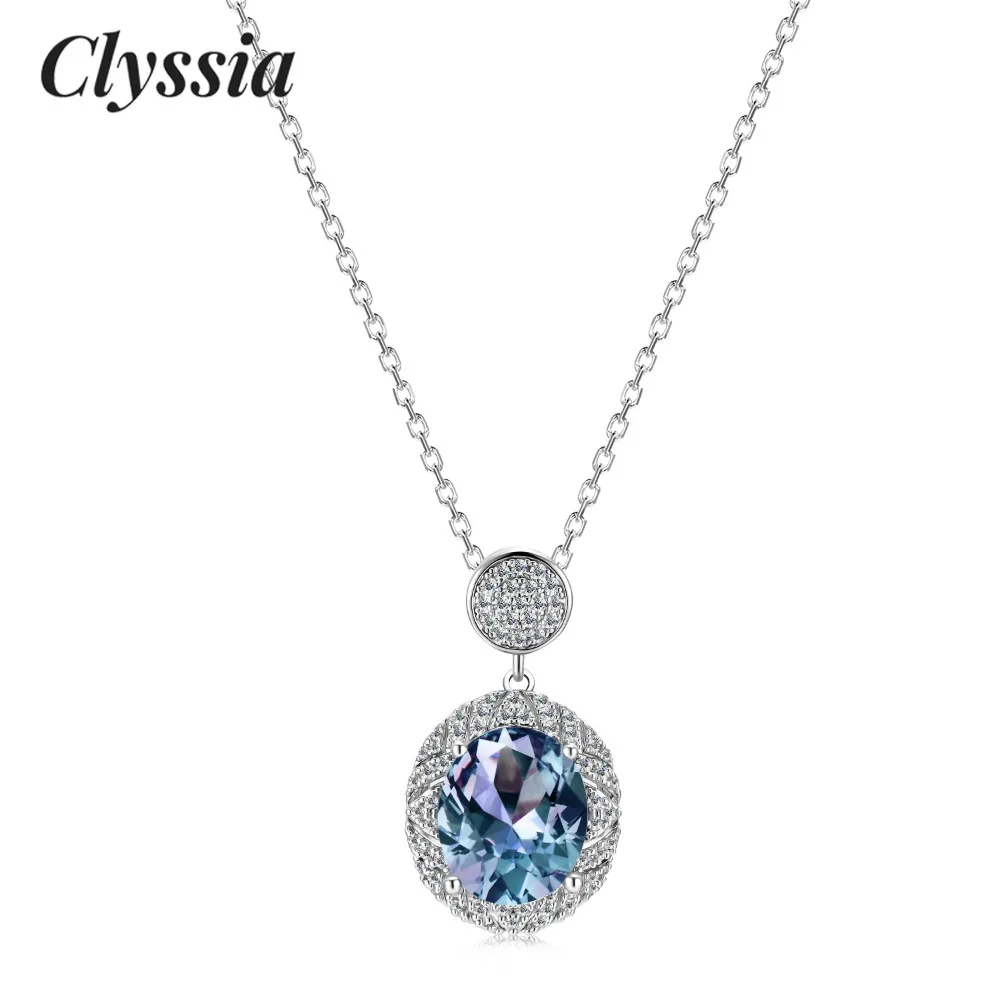 

CLYSSIA Silver 925 Color Change Alexandrite Gemstone Elegant Big Pendant Necklace Jewellery New Vintage Women Jewelry