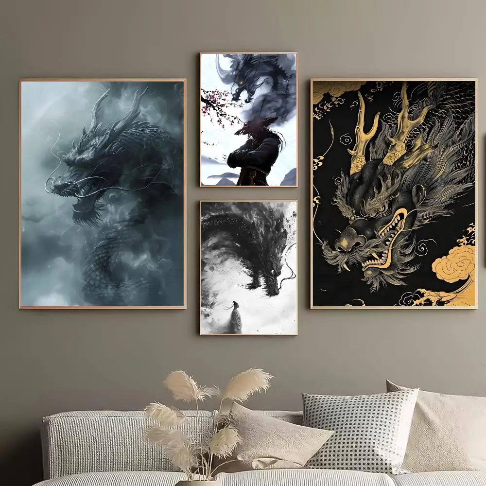 Asian Ink Style Dragon Shadow Waves Art Poster Durable HD PVC Wall Art - Waterproof Peel & Stick Easy Clean For Home Bar
