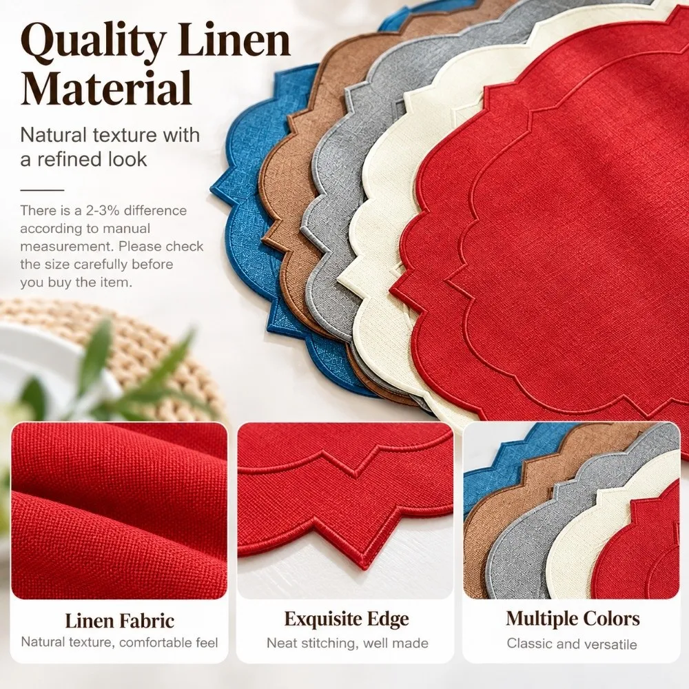 45×35cm Linen Placemats Cotton Linen Overlocked Edge Embroidered Placemats Irregular Anti-Slip Dining Placemats Dining Room Use