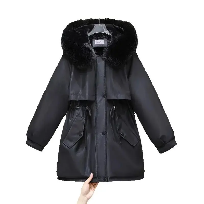 Fleece Lined Hood Down Jacket Winter Coat for Women Warm Drawstring Padded Parkas Korean Casual Streetwear Female Puffer Outwear