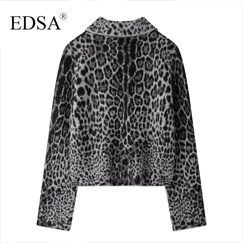 EDSA Women Leoaprd Jacquard Knit Jacket with Pockets Single Breasted Long Sleeves Female Chic Outfit