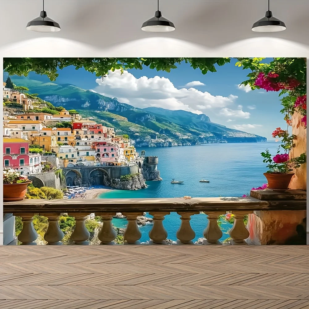 1 großer italienischer Landschaftsfotohintergrund „Amalfi Coast“ – perfekt für Wildblumenpartys und Gartenfeiern