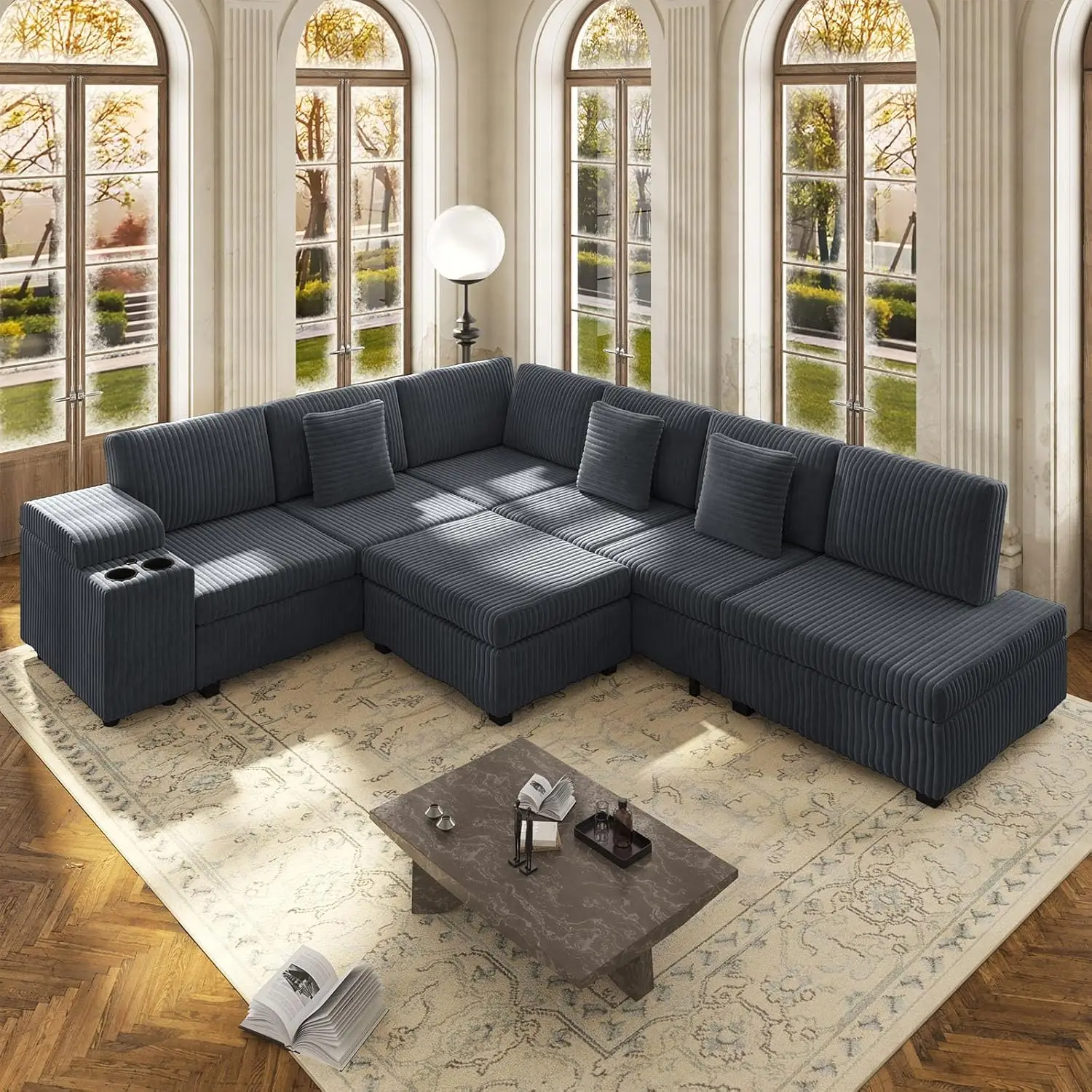 

L-Shaped Sectional Sofa Sleeper with Ottoman Hidden Storage USB Ports Corduroy Modular Couch for Home Office 110", Customized