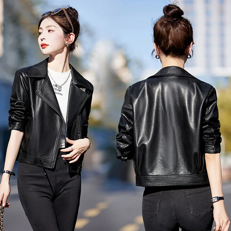 Leather jacket 2024 spring new fashionable casual loose fitting and slimming large lapel sheepskin jacket