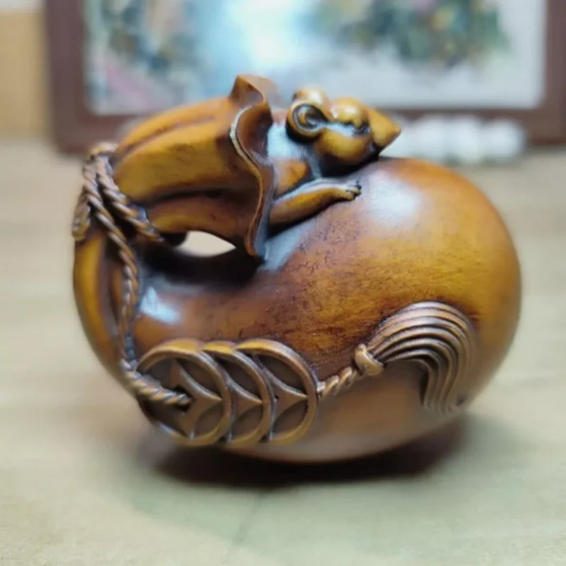 Vintage Japanese Netsuke Old Boxwood Carved Lucky Mouse Statue Ornament