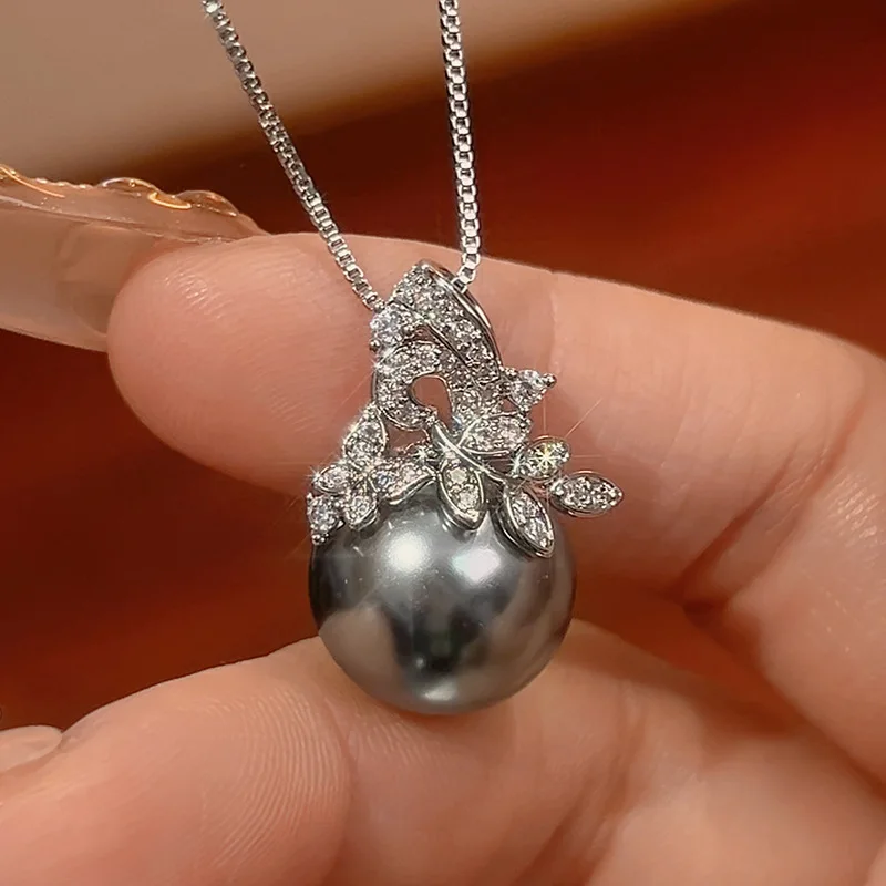 Elegant Grey Pearl Jewelry Leaf Design Necklace Earrings with Sparkling CZ Zircon Women's Fashion Accessories Party Daily Wear