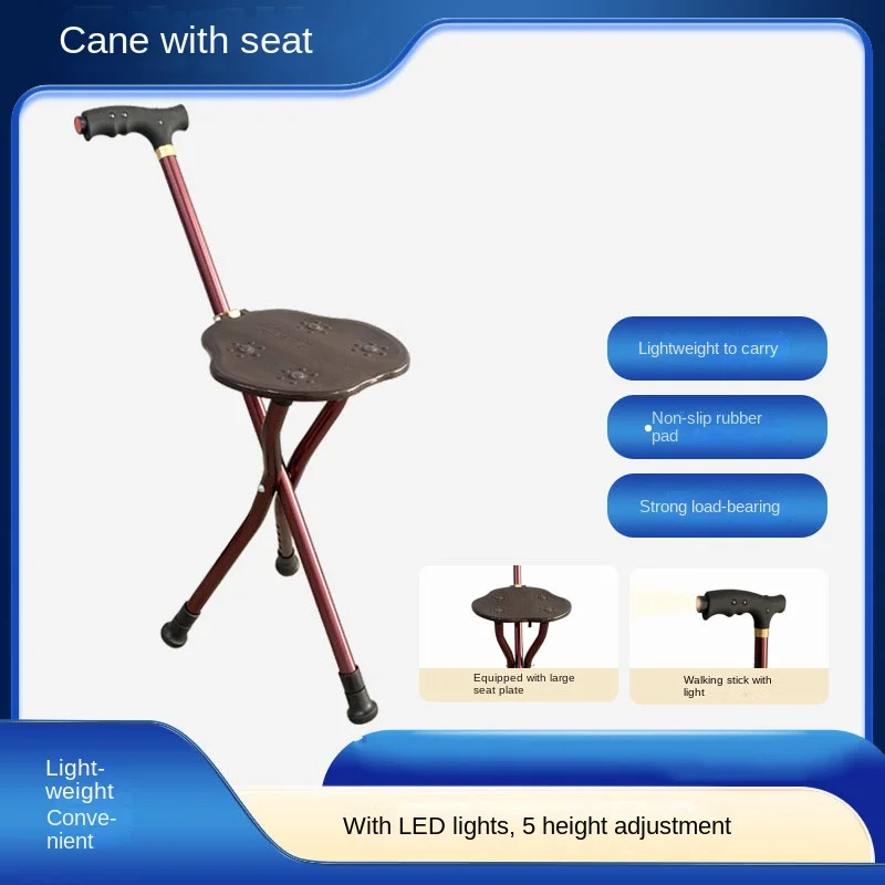 

Walking Stick with Seat, Lightweight Aluminum Foldable Convenient Non-Slip with LED Light 70-78cm Adjustable for Hiking Walking