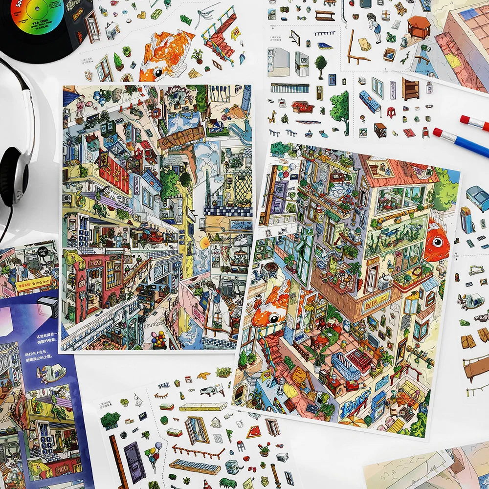 

Card Lover 4 Pcs [Old Building Fish Series] 3D Landscape Stickers Upside Down City Design for Scrapbooking Journal Stationery