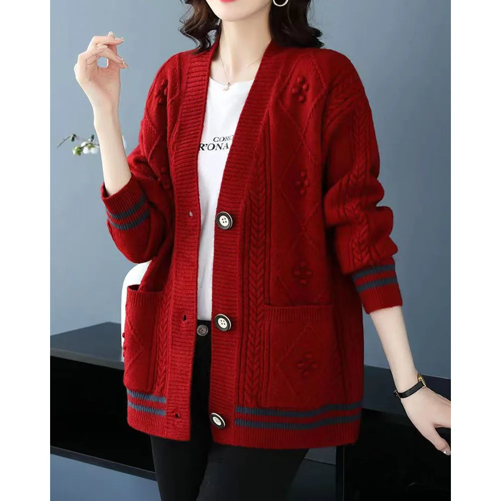 Autumn Winter New Long Sleeved Knitwear Women\'s Loose Sweater Coat Korean V-neck Solid Color Cardigan Jacket Mother Sweaters