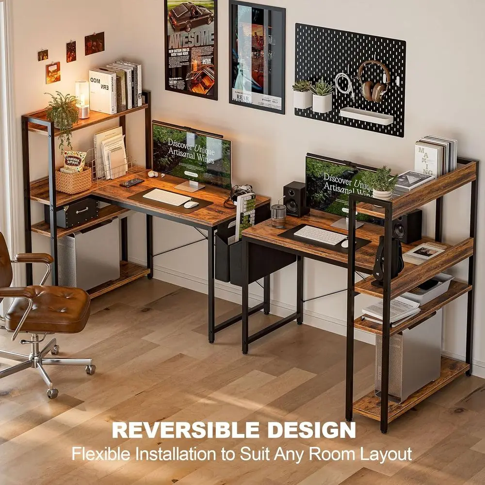 مكتب زاوية على شكل حرف L باللون البني الريفي مع مساحة تخزين قابلة للعكس، وطاولة كتابة للدراسة في المكتب المنزلي مع حقيبة #4