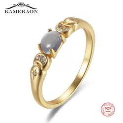 Retro 925 Sterling Silver Oval Moonstone Ring Moon&Star Gold Color Plated for Women Female Engagement Wedding Band Jewelry Gift
