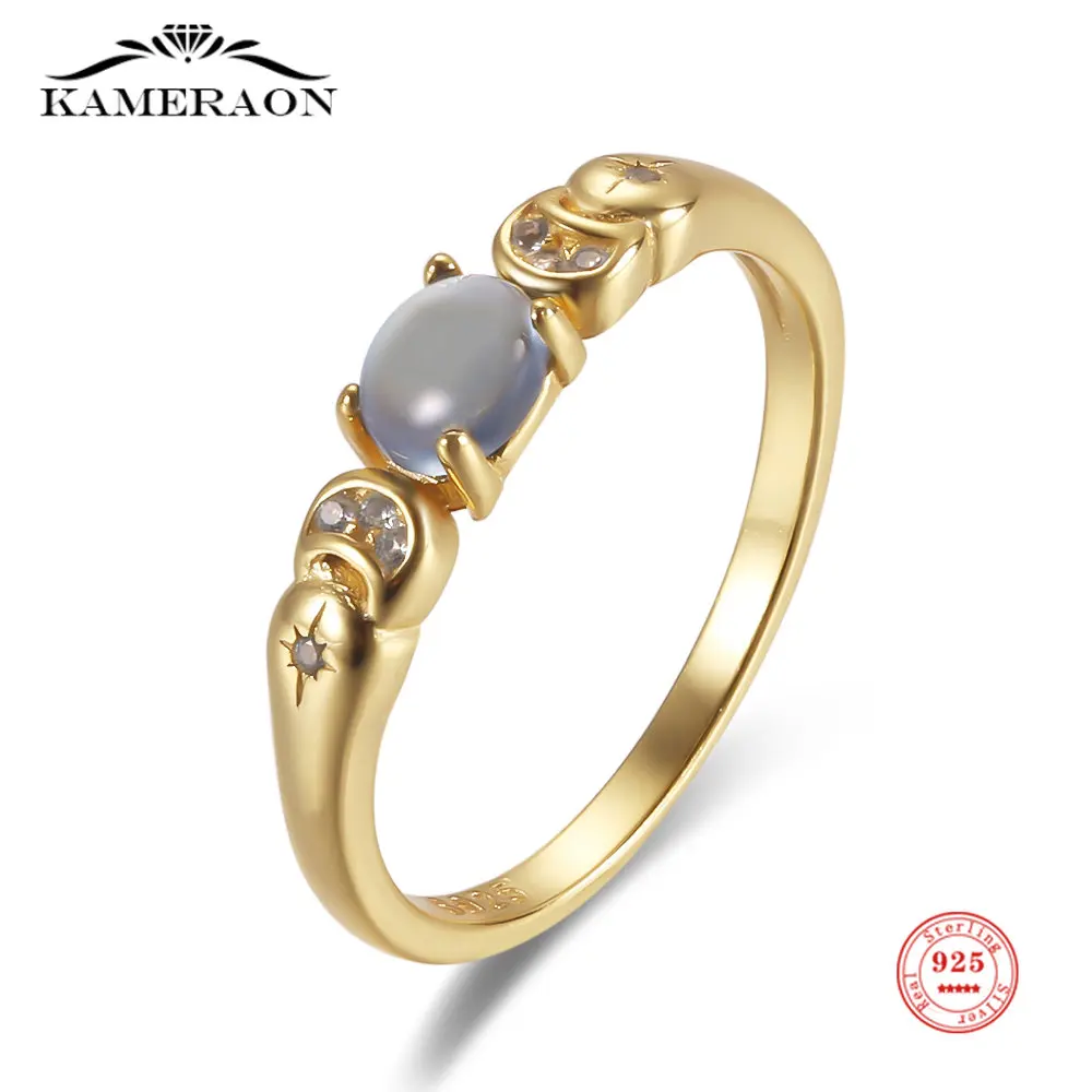 Retro 925 Sterling Silver Oval Moonstone Ring Moon&Star Gold Color Plated for Women Female Engagement Wedding Band Jewelry Gift