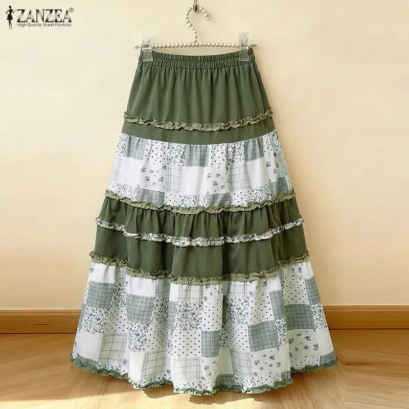 ZANZEA Übergroße lange Maxiröcke mit Print-Patchwork-Unterseite, Sommer-Damenkleidung, lässig, locker, hohe elastische Taille, modisch, Jupes Faldas Saia