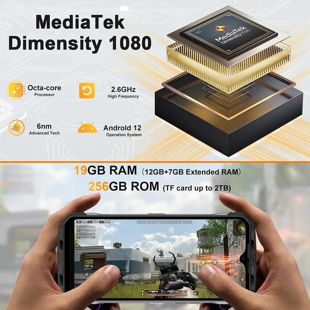 DOOGEE V Max 5G Rugged Phone 6.58" 120Hz Dimensity 1080 Hi-Res 108MP AI Main Camera 12GB RAM 256GB ROM 22000mAh