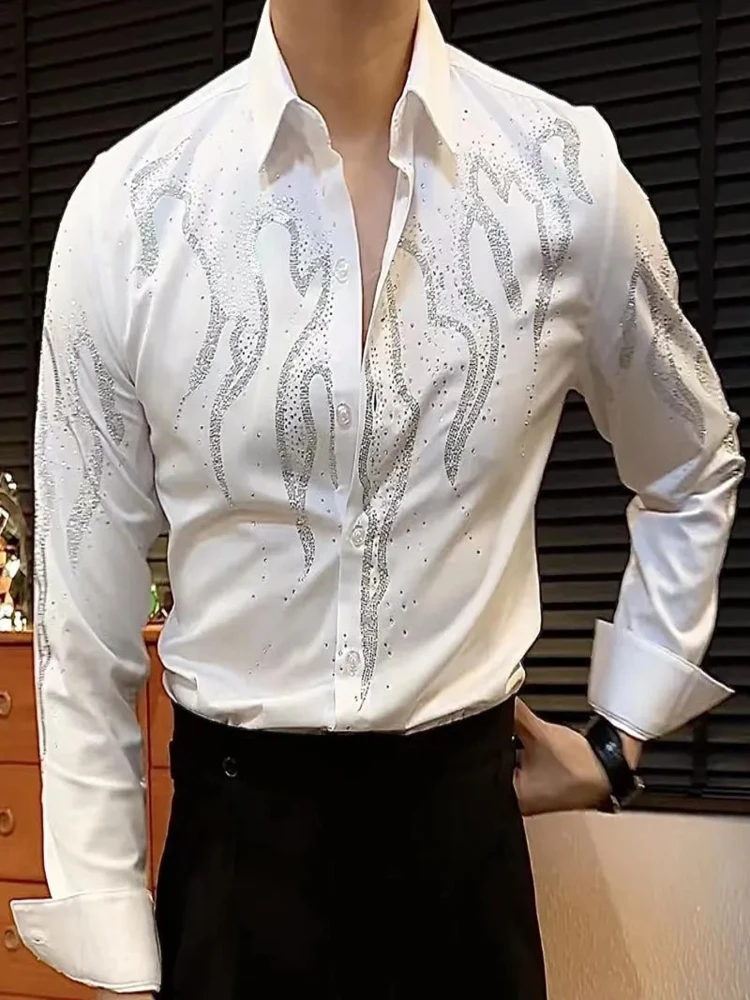 2024 Fall High Quality Luxury Rhinestones Shirt For Men Trend Fashion Versatile Hot Diamond Retro