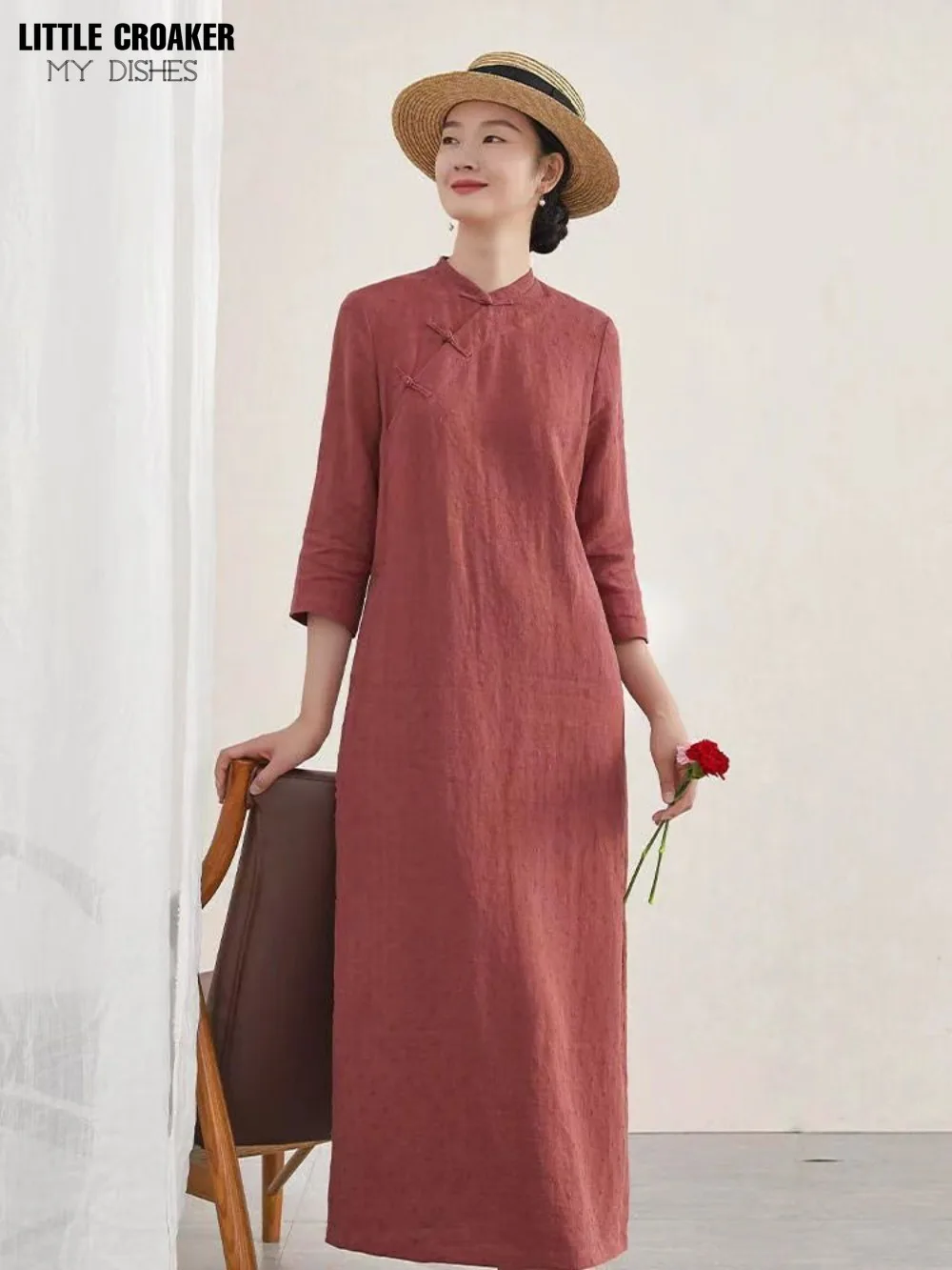 Cotton Chinese and Hemp 2023 Spring/Summer New Cotton Cheongsam and Hemp Art Retro 3/4 Sleeve Dress Women\'s Improved Qipao Women