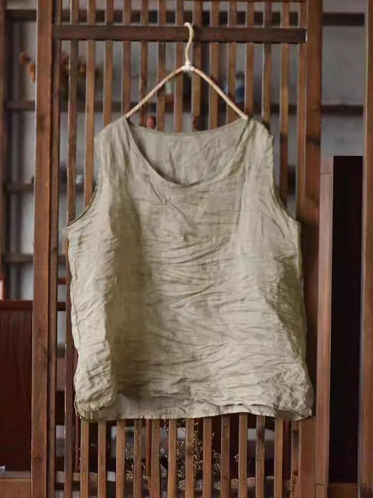 Women Casual Ramie Tank Tops New Arrival 2025 Summer Vintage Style O-neck Plain Color Loose Female Sleeveless Tops Tees M678