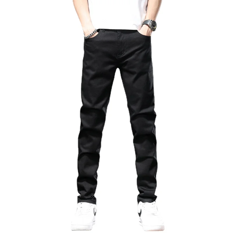 Summer Black Jeans Men Casual Slim Fit Straight Denim Pants Korean Style Simple Solid Color Trousers
