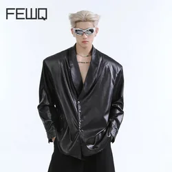 FEWQ PU Leather Jackets Niche Simple Bright V-neck Coat Street Fashion Versatile Single Breast Darkwear Male Tops 24E2235