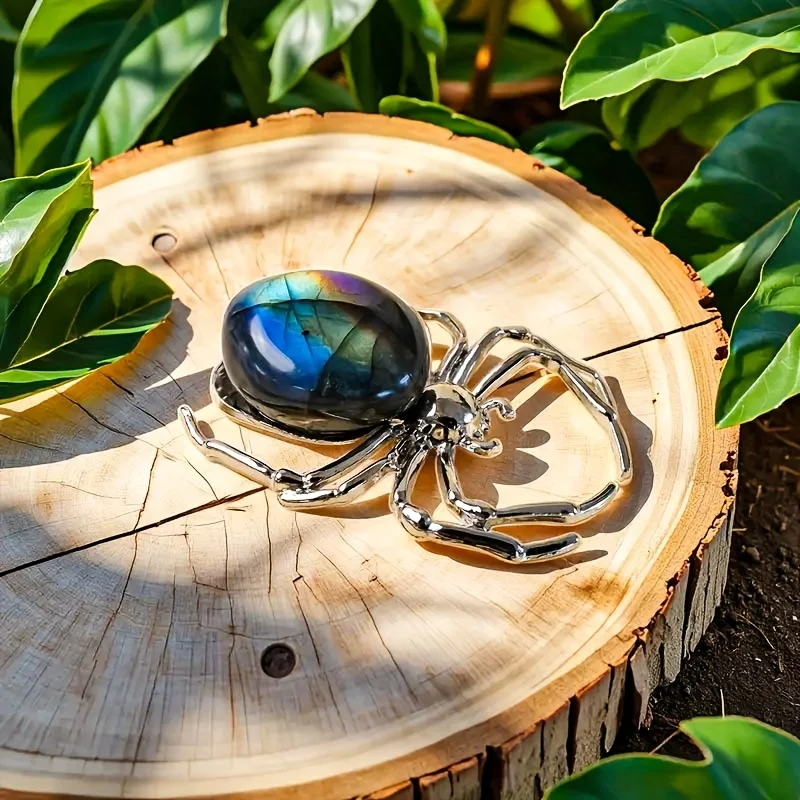 

1PC Vintage Labradorite Stone Crystal Spider Decor, Gray Moonstone Craft Home or Office Decoration, DIY Brooch Ring Pendant