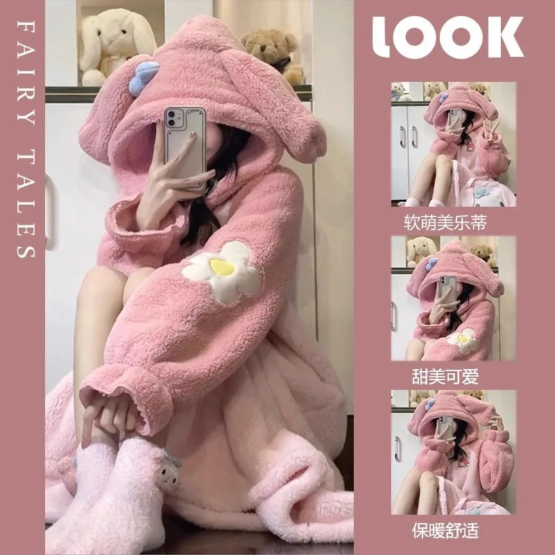 

Новые утепленные пижамы из кораллового флиса My Melody, женские зимние милые халаты с капюшоном, домашняя одежда, одежда для сна, удобная мягкая верхняя одежда