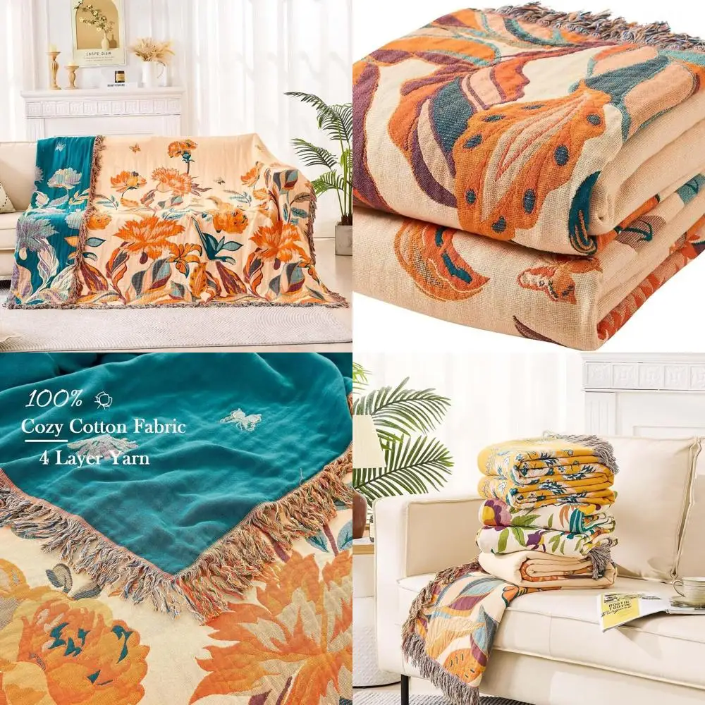 

Хлопковое одеяло в стиле бохо, цветочный принт, 90x98, двустороннее осеннее одеяло, декор деревенского дома