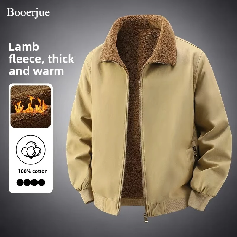 Men's Washed Cotton Winter Coat Lamb Fleece Lined Thick Warm Jacket, Turn Down Collar Loose Casual Versatile Workwear Outerwear