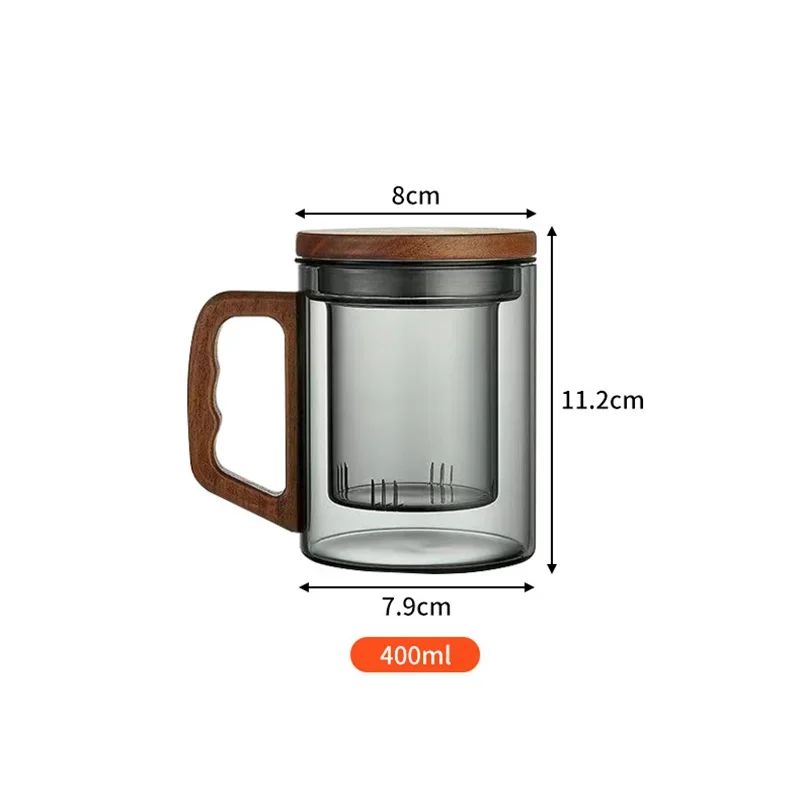 400ml Walnut Wooden Handle Glass Tea Cup With Tea Infuser Filter Flower Tea Water Separation Scented Tea Mug Drinkware