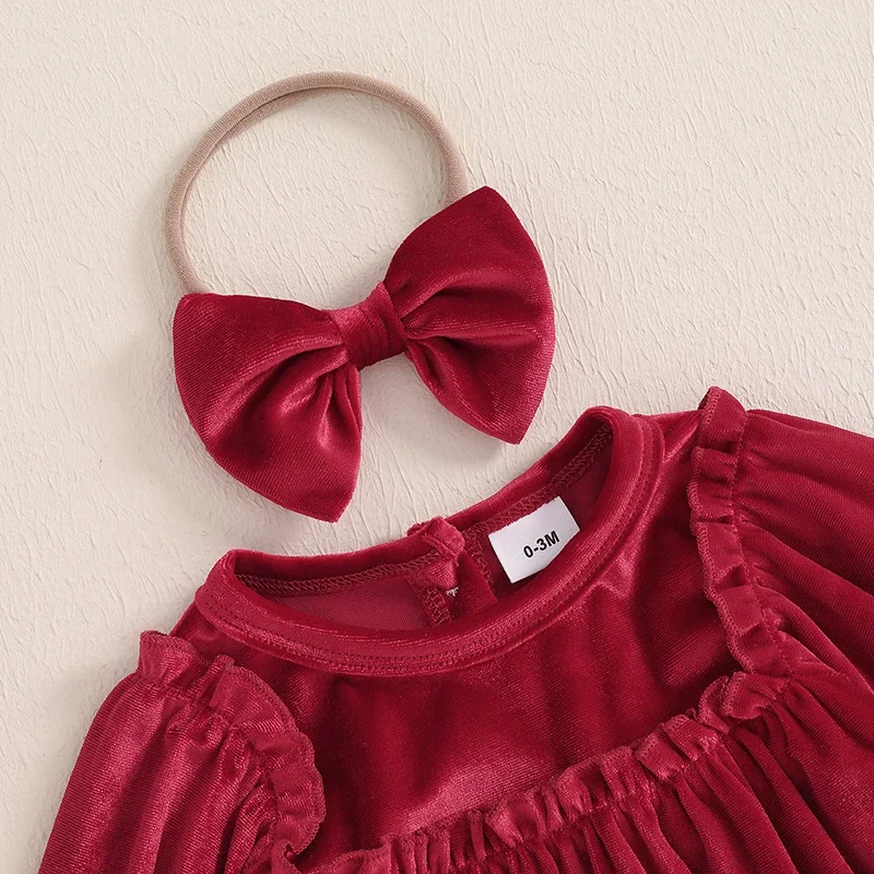 Baby Girls Christmas Romper Solid Color Round Neck Long Sleeve Velvet Jumpsuits with Headband Newborn Xmas Clothes