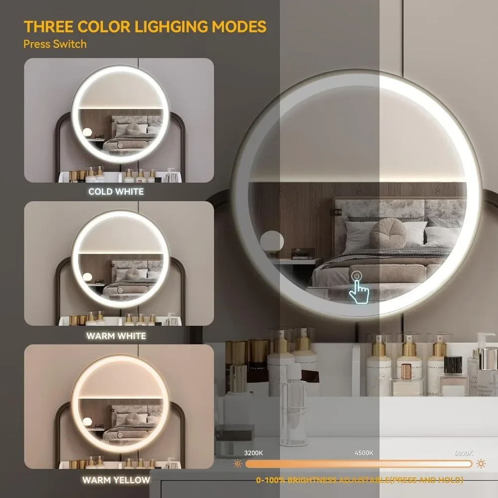 مكتب زينة للمكياج الأبيض الحديث المدمج مع مرآة وإضاءة، يتميز بأدراج لاستخدام غرفة النوم #6