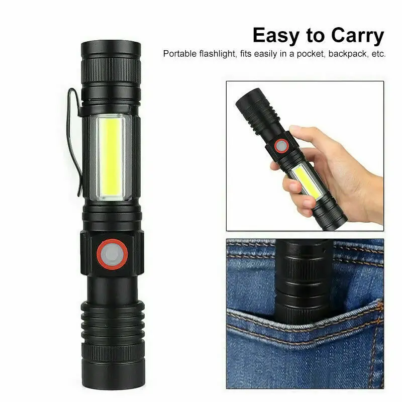 50000LM T6 + COB zoom LED flashlight USB rechargeable flashlight without magnetic base