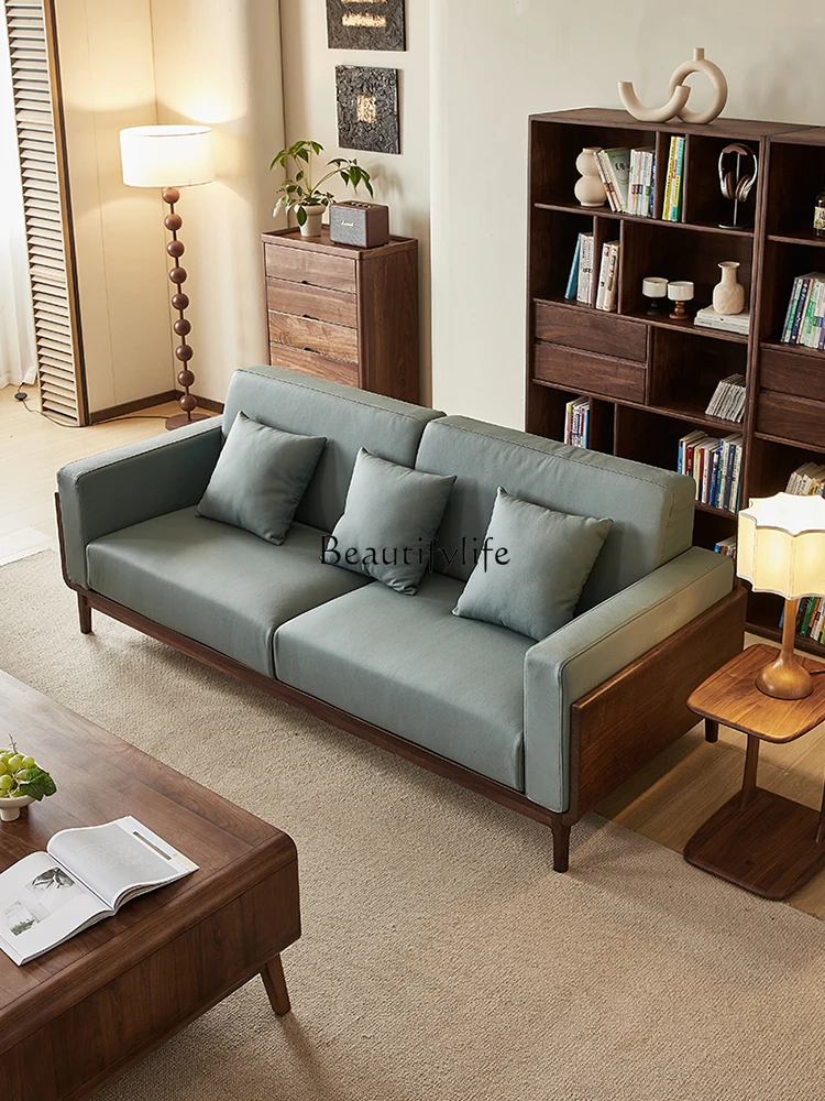 

Black walnut sofa Nordic modern simple leather sofa home living room
