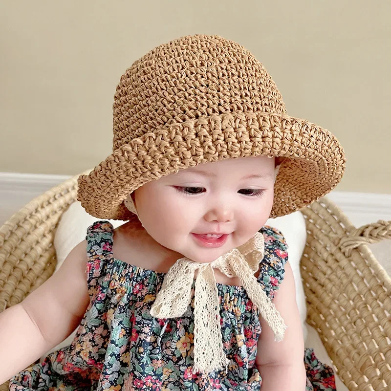 Chapeau de pêcheur en paille pour fille, chapeau de plage d'été pour bébé en bas âge, avec nœud en dentelle, Panama, ombre pour bébé, Pot de protection solaire