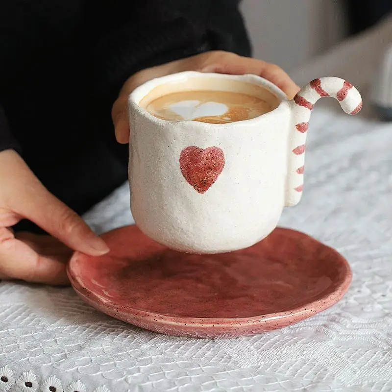 Vintage Cat Tail Coffee Cup Plate Set Handmade Rough Pottery Painted Cute Fun Cup Afternoon Tea Coffee Latte Cups Exquisite Gift