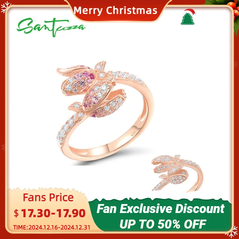 

SANTUZZA Real 925 Sterling Silver Rings For Women Sparkling White CZ Created Ruby Pink Sapphire Flower Elegant Fine Jewelry